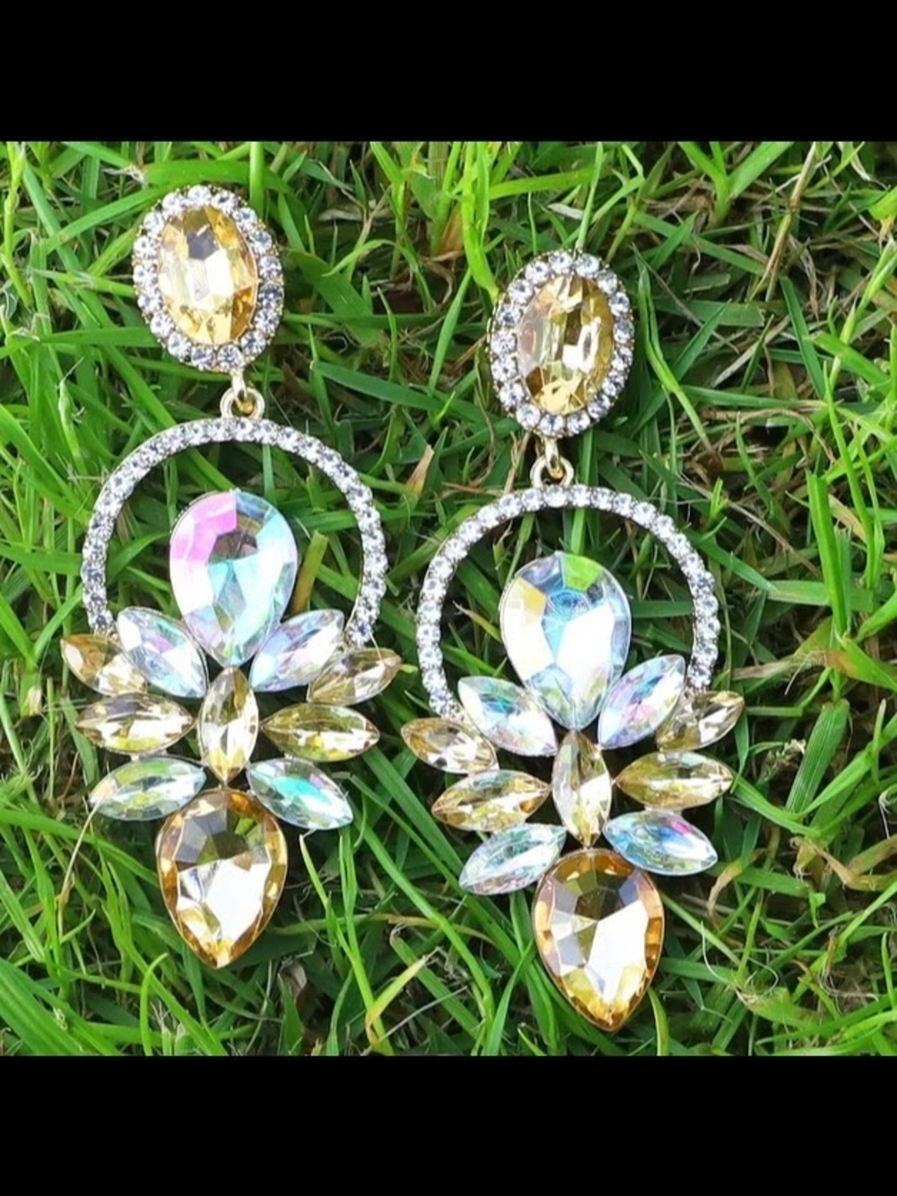 Crystal Drop Statement Earrings - Gold and Iridescent